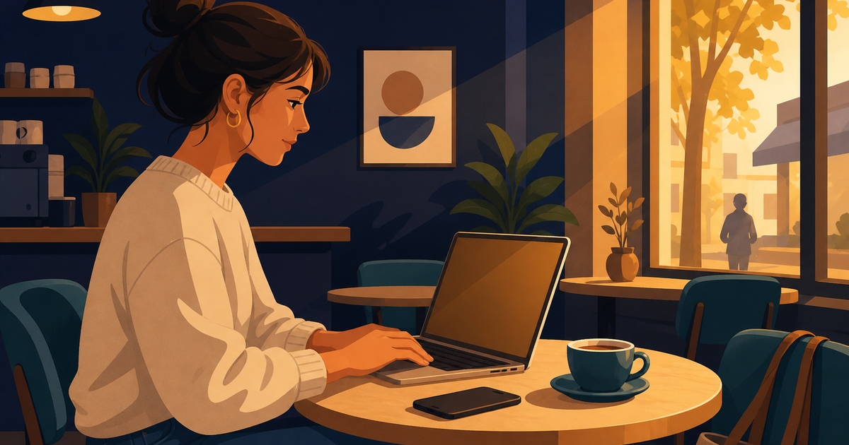 Person using a laptop at a cafe table in late-afternoon light