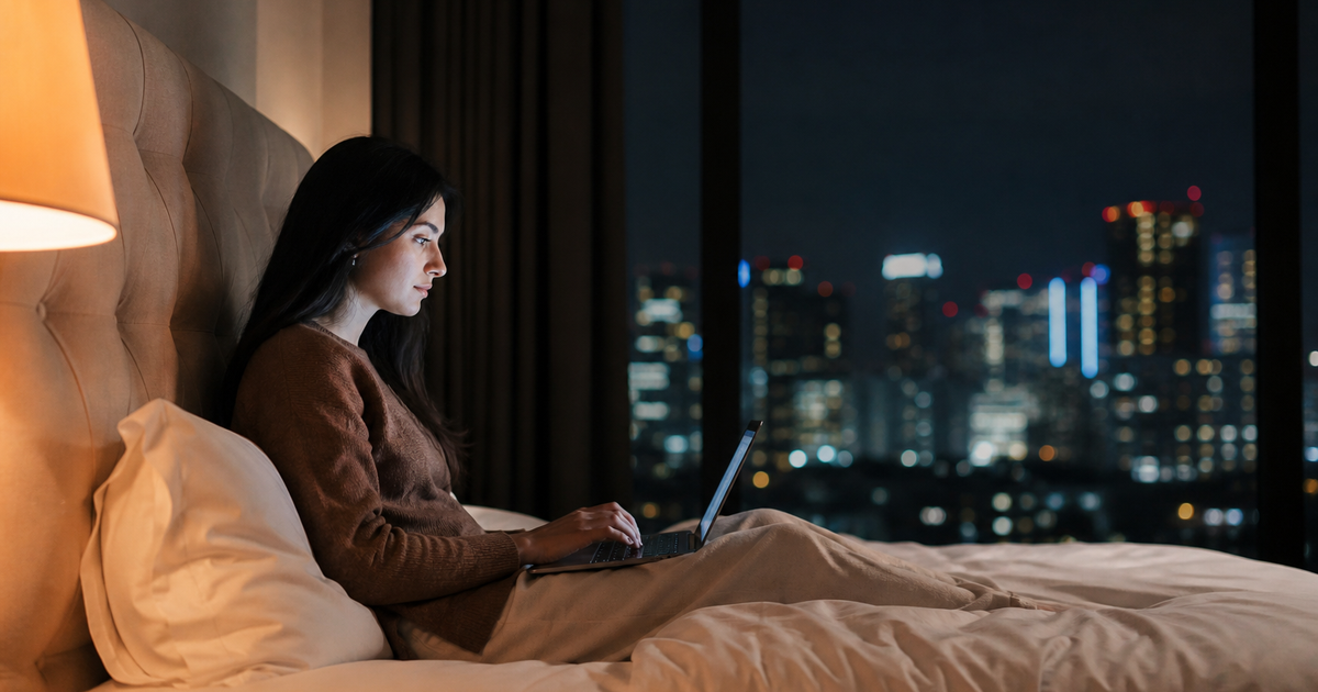 Person working on a laptop in a hotel room overlooking a city at night