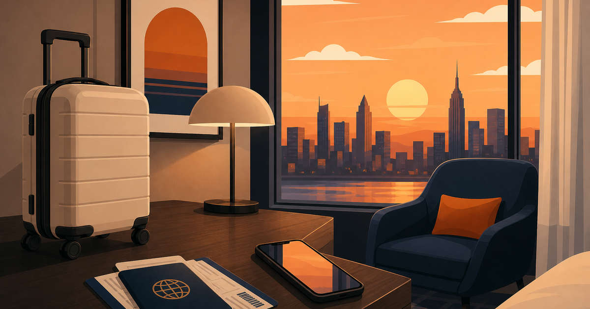Illustrated hotel room at sunset with a suitcase, passport and phone on the desk