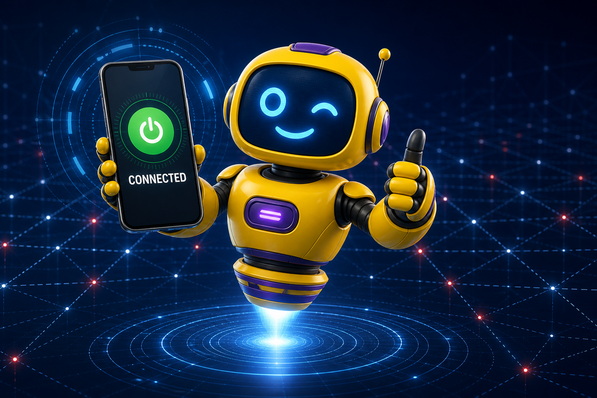Arresti hover robot holding a phone that says CONNECTED