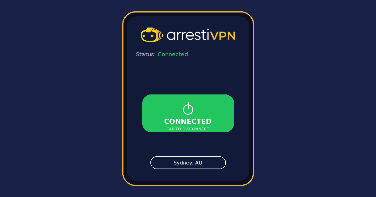 Official arrestiVPN wordmark with CONNECTED and a Sydney, AU server pill