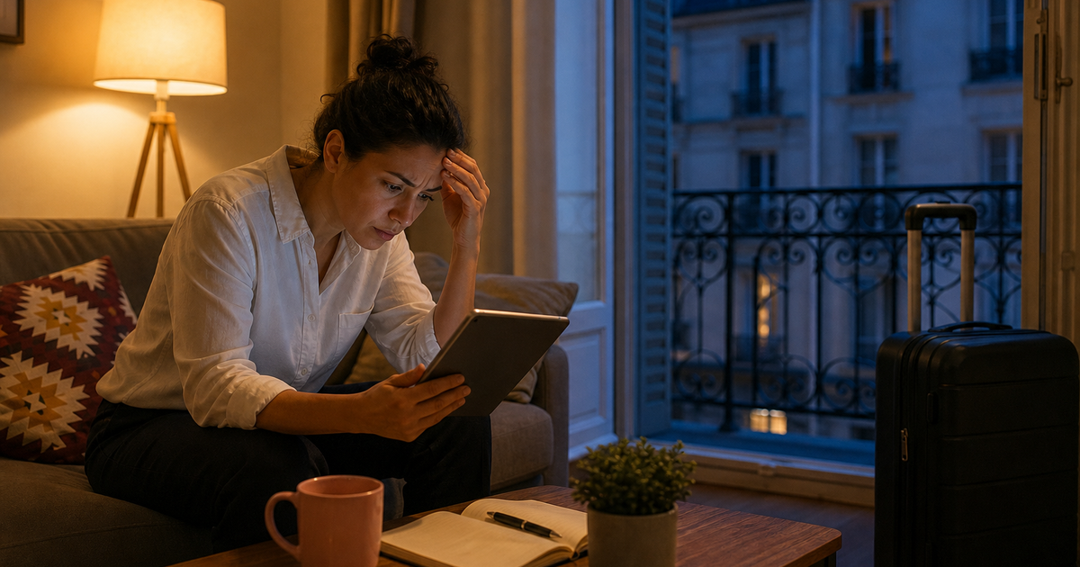 Traveller trying to use a tablet in a hotel apartment with a suitcase nearby