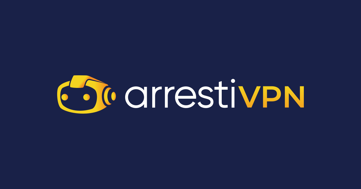 Arresti VPN wordmark and robot logo on a navy background