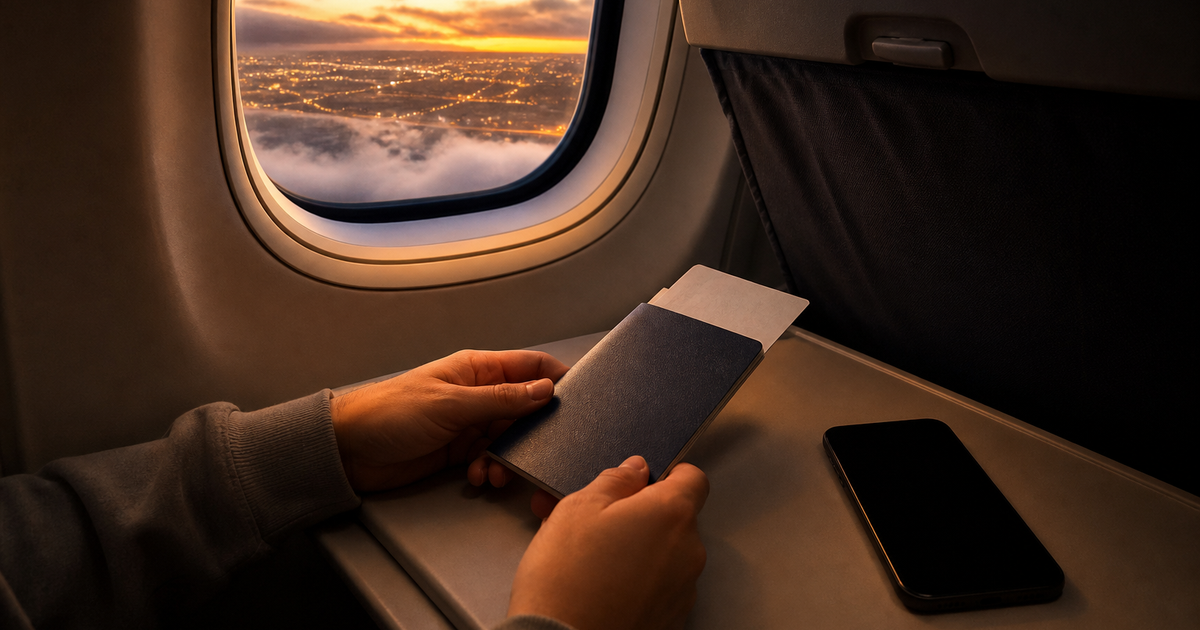 Airplane window seat with a passport, boarding pass and a phone lying face-down