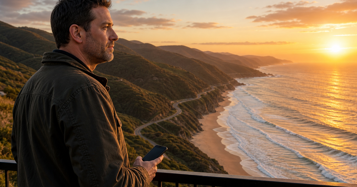 Person in civilian clothes looking out over an Australian coastline