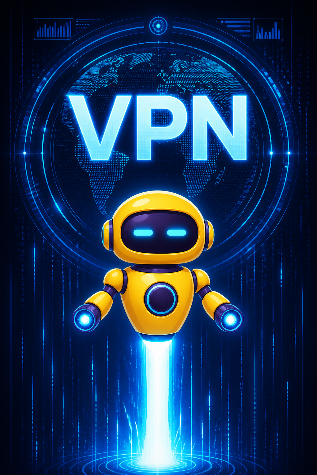 Yellow Arresti robot launching toward a VPN globe graphic